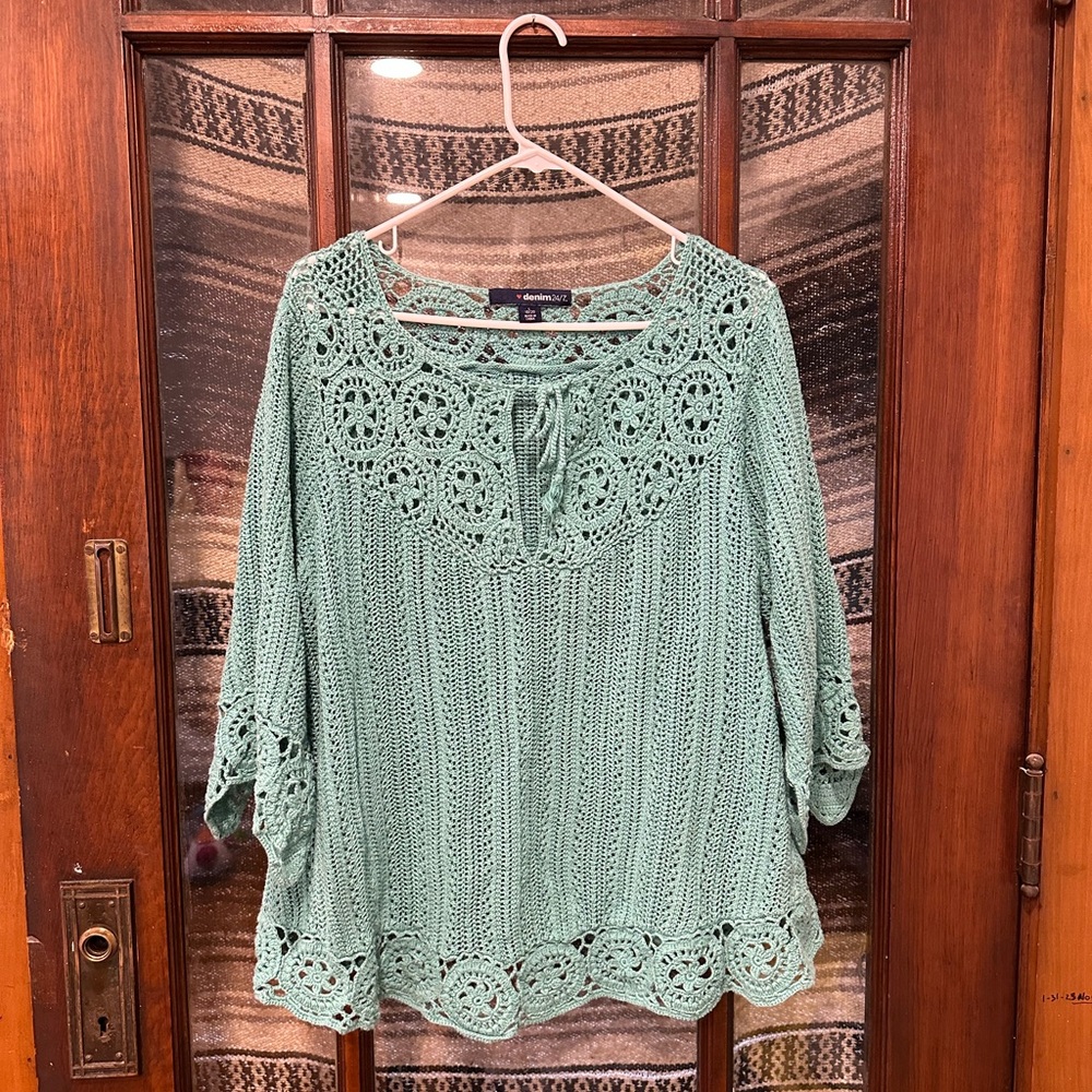 Turquoise Crochet Blouse Beachy Boho Lace Cottagecore Coastal Cowgirl L / XL